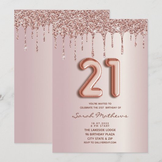 21e Verjaardag Roos Gouden Glitter Drips Invitatio Kaart (Voorkant / Achterkant)