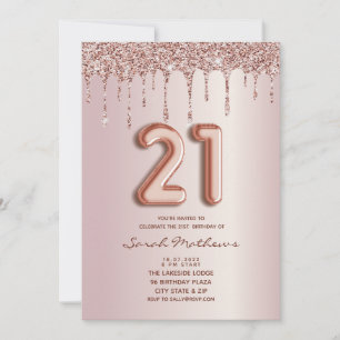 21e Verjaardag Roos Gouden Glitter Drips Invitatio Kaart