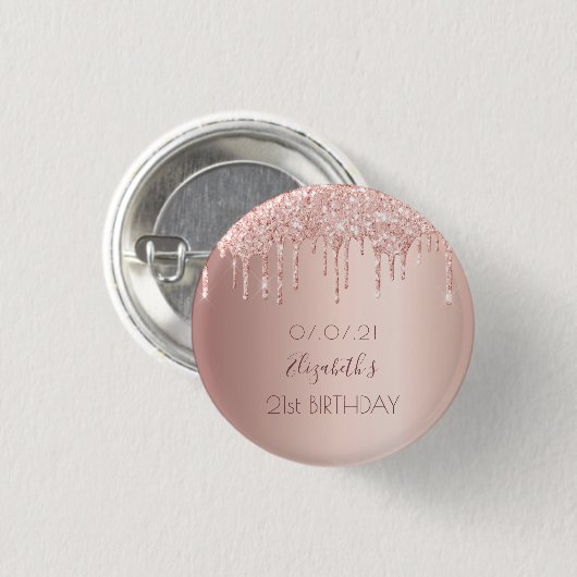 21e verjaardag roos gouden glitter druppelnaam ronde button 3,2 cm (Voorkant /achterkant)