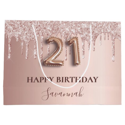 21e verjaardag roos gouden glitter roze ballonstij groot cadeauzakje (Achterkant)
