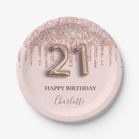 21e verjaardag roos gouden glitter roze ballonstij papieren bordje (Voorkant)
