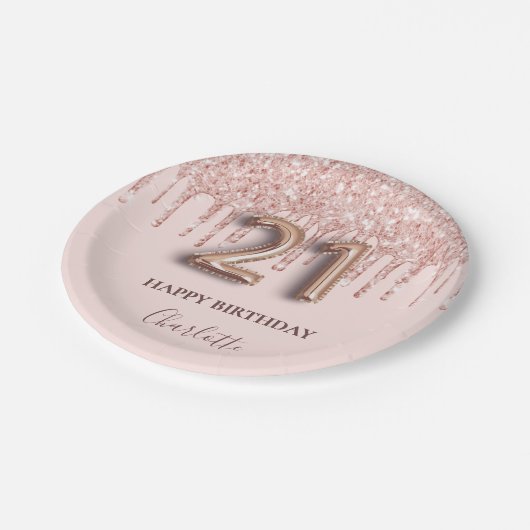 21e verjaardag roos gouden glitter roze ballonstij papieren bordje (Gekanteld)