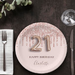 21e verjaardag roos gouden glitter roze ballonstij papieren bordje<br><div class="desc">Elegant, klassieker, glamoureus en girly voor een 21ste verjaardag. Blush roze achtergrond. Gedecorreerd met roos goudfaux glitterdruppels, verfdruppelend uiterlijk. Pas een naam aan en voeg deze toe. Met de tekst: Happy Birthday. De naam wordt geschreven met een modern donker roos gekleurd hand lettered stijlmanuscript. Nummer 21 wordt geschreven met een...</div>
