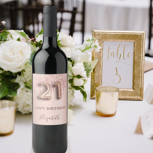 21e verjaardag roos gouden glitter roze ballonstij wijn etiket
