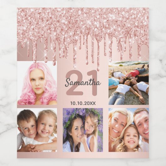 21e verjaardag roos gouden glitter roze foto wijn etiket (Enkel label)