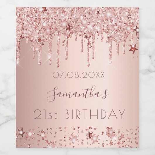21e verjaardag roos gouden glitter roze sterren wijn etiket (Enkel label)