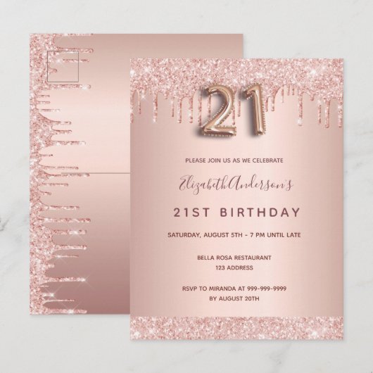 21e verjaardag roos gouden glitter roze uitnodigin briefkaart (Voorkant / Achterkant)