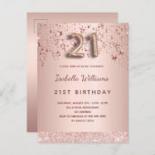 21e verjaardag roos gouden roze ballonscriptsterre briefkaart (Voorkant / Achterkant)