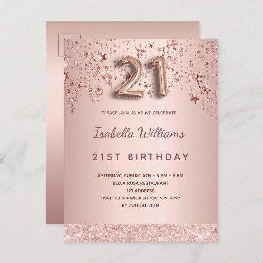 21e verjaardag roos gouden roze ballonscriptsterre briefkaart (Voorkant / Achterkant)