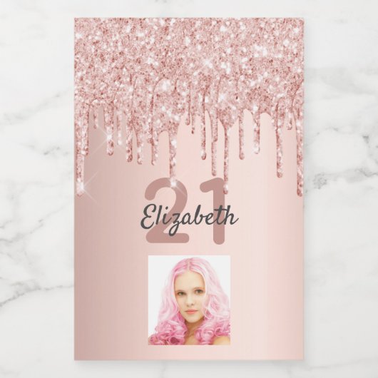 21e verjaardag roos gouden roze druppels foto wijn etiket (Enkel label)
