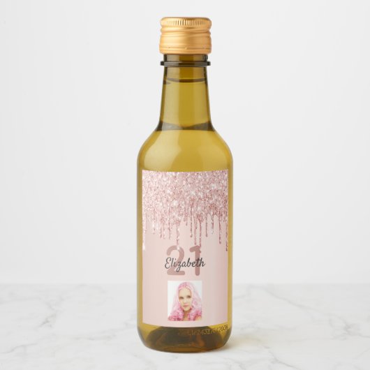 21e verjaardag roos gouden roze druppels foto wijn etiket (Voorkant)