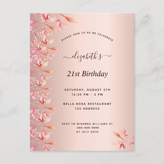 21e verjaardag roos gouden roze florale uitnodigin briefkaart (Voorkant)