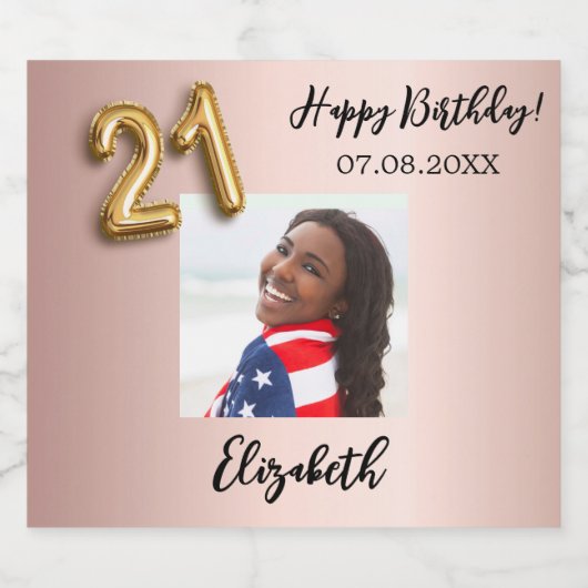 21e verjaardag roos gouden roze foto sparkling wijnetiket (Enkel label)