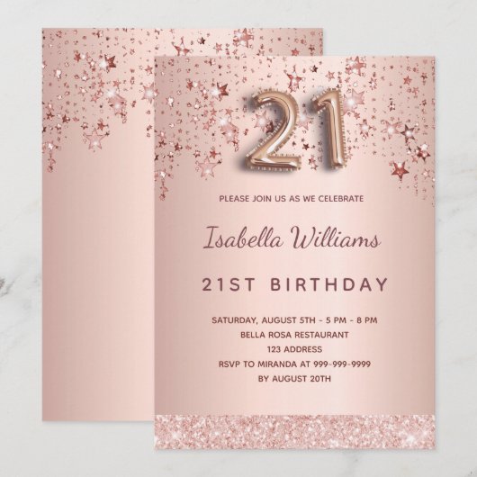 21e verjaardag roos gouden roze sterren ballonscri kaart (Voorkant / Achterkant)