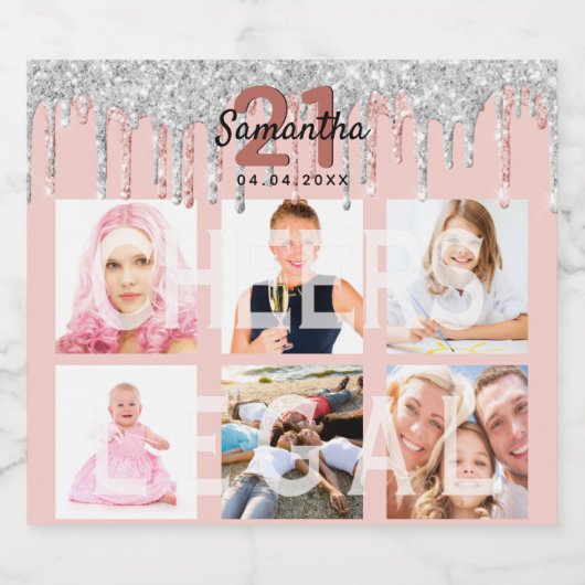 21e verjaardag roos gouden wettige glitter zilvere sparkling wijnetiket (Enkel label)