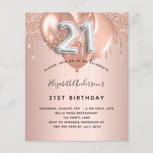 21e verjaardag roos gouden zilveren ballonnen (Voorkant)