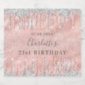 21e verjaardag roos gouden zilveren druppels sparkling wijnetiket (Enkel label)