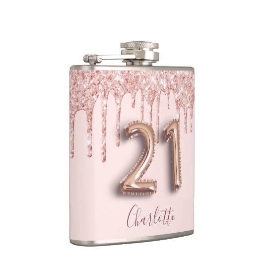 21e verjaardag roos gouden zwarte glitter druppeln heupfles (Rechts)