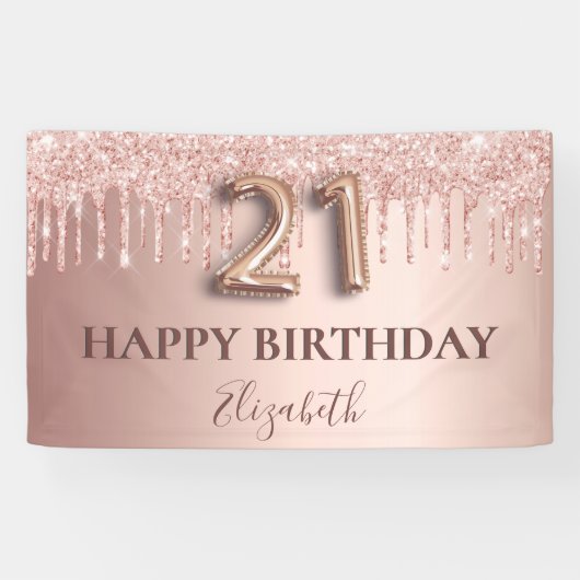 21e verjaardag roos gouden zwarte glitterdruppels spandoek (Horizontaal)