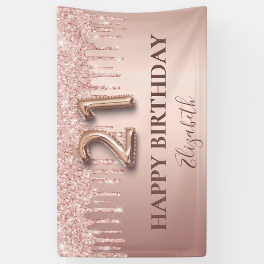 21e verjaardag roos gouden zwarte glitterdruppels spandoek (Verticaal)