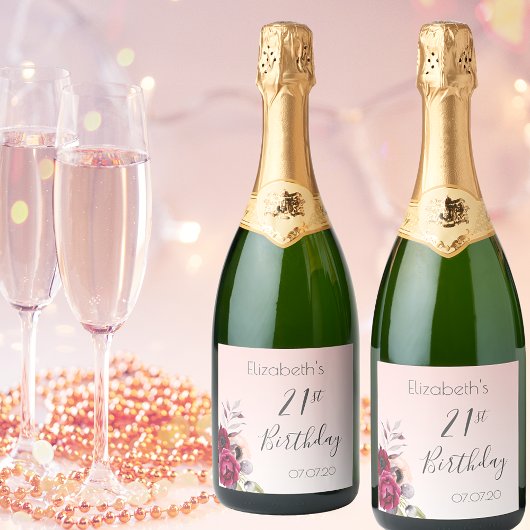 21e verjaardag roos gouden zwarte roze florale blo sparkling wijnetiket