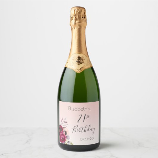 21e verjaardag roos gouden zwarte roze florale blo sparkling wijnetiket (Voorkant)