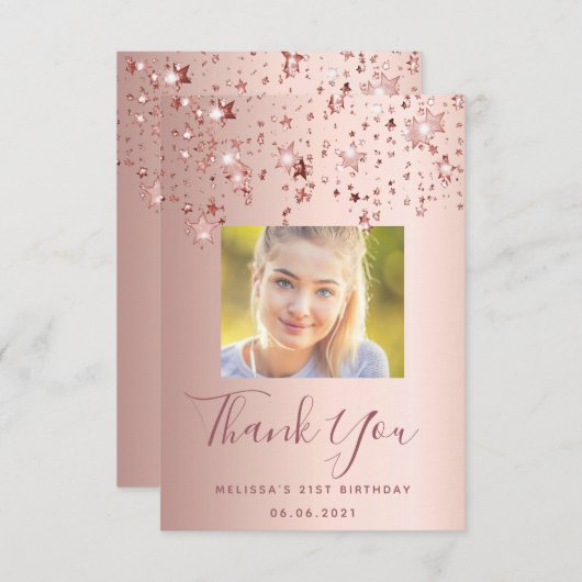 21e verjaardag roos gouden zwarte sterren foto bedankkaart (Voorkant / Achterkant)