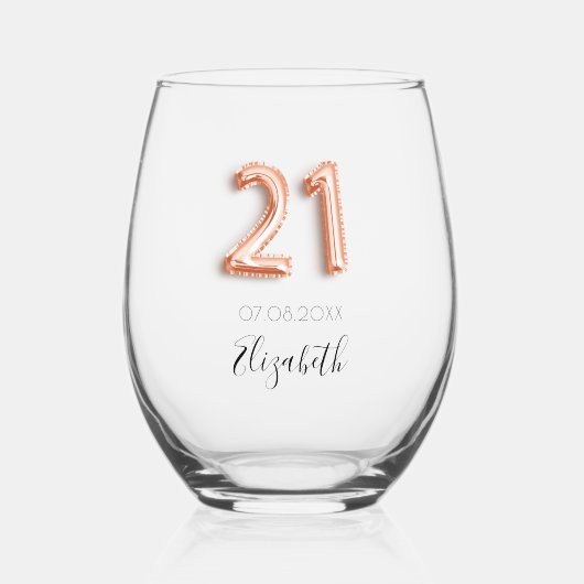 21e verjaardag roos goudnaam wijnglas zonder voet (Voorkant)