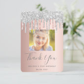 21e verjaardag roos goudroze zilverglitter foto bedankkaart (Staand voorkant)