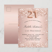 21e verjaardag roos goudzige glitterstof uitnodiging briefkaart (Voorkant / Achterkant)