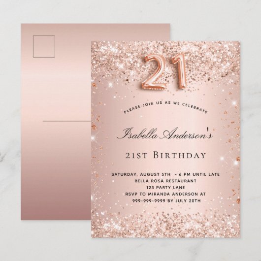 21e verjaardag roos goudzige glitterstof uitnodiging briefkaart (Voorkant / Achterkant)