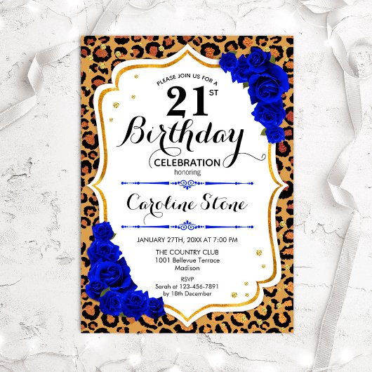 21e verjaardag - Royal Blue Gold Leopard Print Kaart
