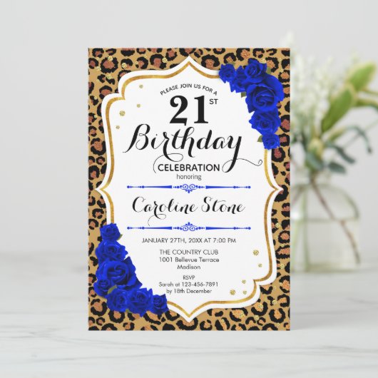 21e verjaardag - Royal Blue Gold Leopard Print Kaart (Staand voorkant)