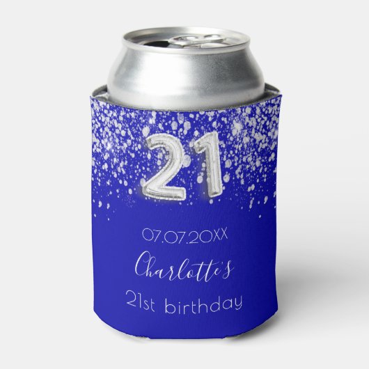 21e verjaardag royal blue Silver glitter name Blikjeskoeler (Blikje Voorkant)