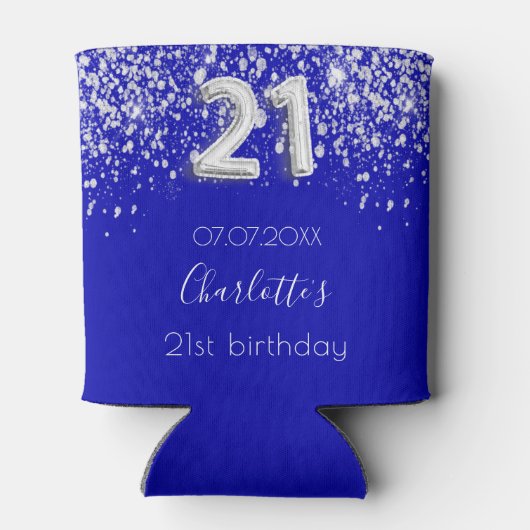 21e verjaardag royal blue Silver glitter name Blikjeskoeler (Achterkant)