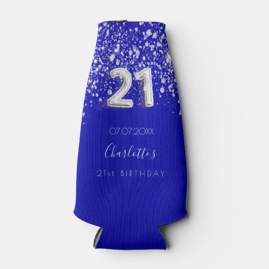 21e verjaardag royal blue Silver glitter name Flesjeskoeler (Voorkant)