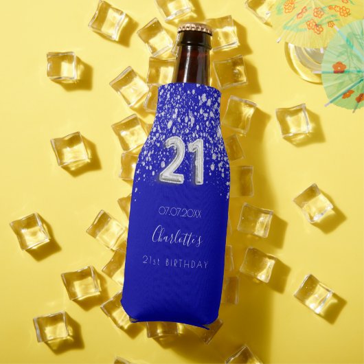 21e verjaardag royal blue Silver glitter name Flesjeskoeler (Insitu Zomer)