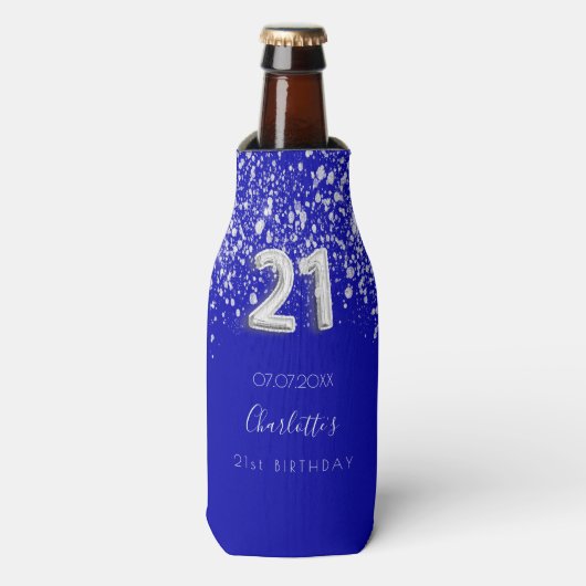 21e verjaardag royal blue Silver glitter name Flesjeskoeler (Fles Voorkant)