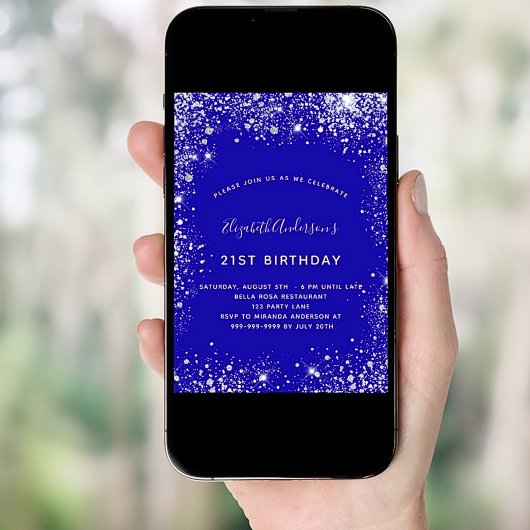 21e verjaardag royal blue zilver glitter kaart