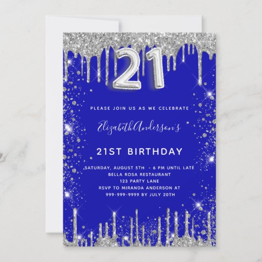 21e verjaardag royal blue zilver glitter stof glam kaart (Voorkant)
