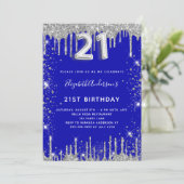 21e verjaardag royal blue zilver glitter stof glam kaart (Staand voorkant)