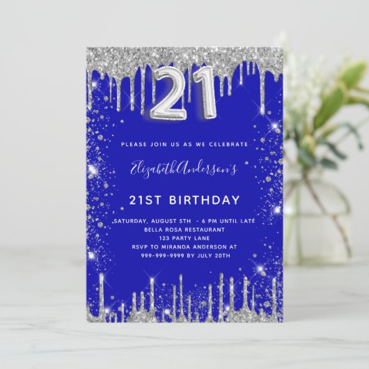 21e verjaardag royal blue zilver glitter stof glam kaart (Staand voorkant)