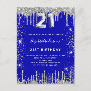21e verjaardag royal blue zilver glitter stof glam uitnodiging briefkaart