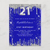 21e verjaardag royal blue zilver glitter stof glam uitnodiging briefkaart (Voorkant)