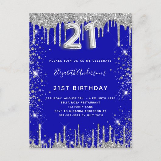 21e verjaardag royal blue zilver glitter stof glam uitnodiging briefkaart (Voorkant)