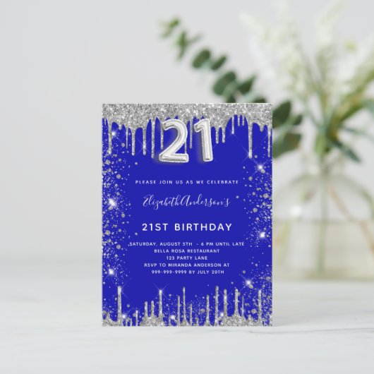 21e verjaardag royal blue zilver glitter stof glam uitnodiging briefkaart (Staand voorkant)