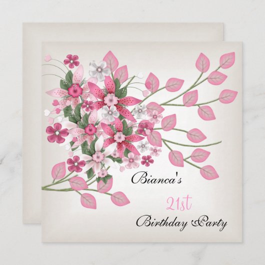 21e verjaardag roze bloemen kaart (Voorkant / Achterkant)