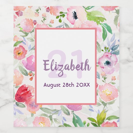 21e verjaardag roze bloemen naam wijn etiket (Enkel label)