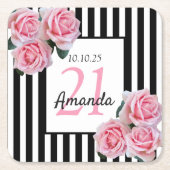 21e verjaardag roze bloemen zwarte witte strepen kartonnen onderzetters (Voorkant)