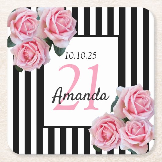 21e verjaardag roze bloemen zwarte witte strepen kartonnen onderzetters (Voorkant)